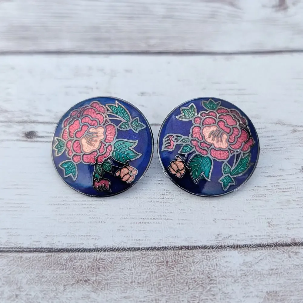 Vintage Clip On Earrings Stunning Blue with Red Flower Statement